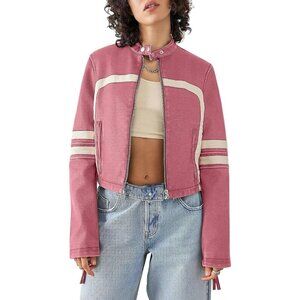 Women Pink Faux Leather Zip Up Cropped Jacket Stand Collar Moto Coat